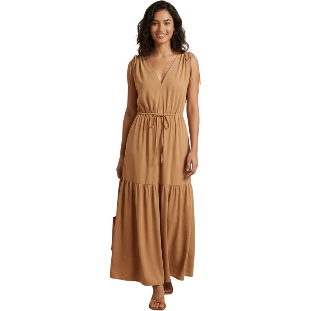 Calvin Klein Camel Tie-Shoulder Sleeves V-Neck Drawstring Waist Maxi Dress 6